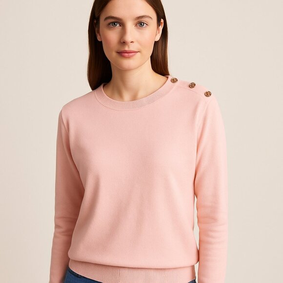 Tory Burch Pink Crew Neck Logo Button Shoulder Sweater Classic Knit Medium - Picture 1 of 8